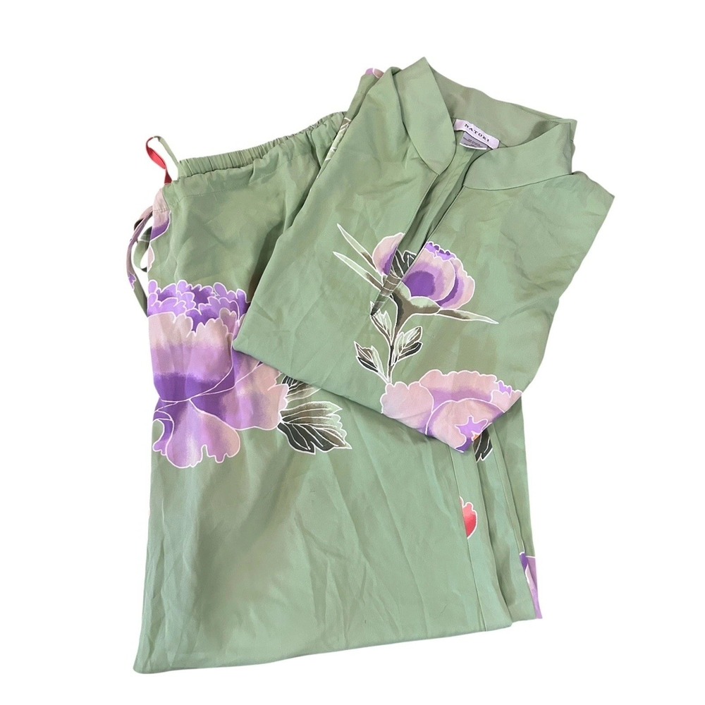 Natori satin green floral pajama set sz xl - Picture 8 of 10